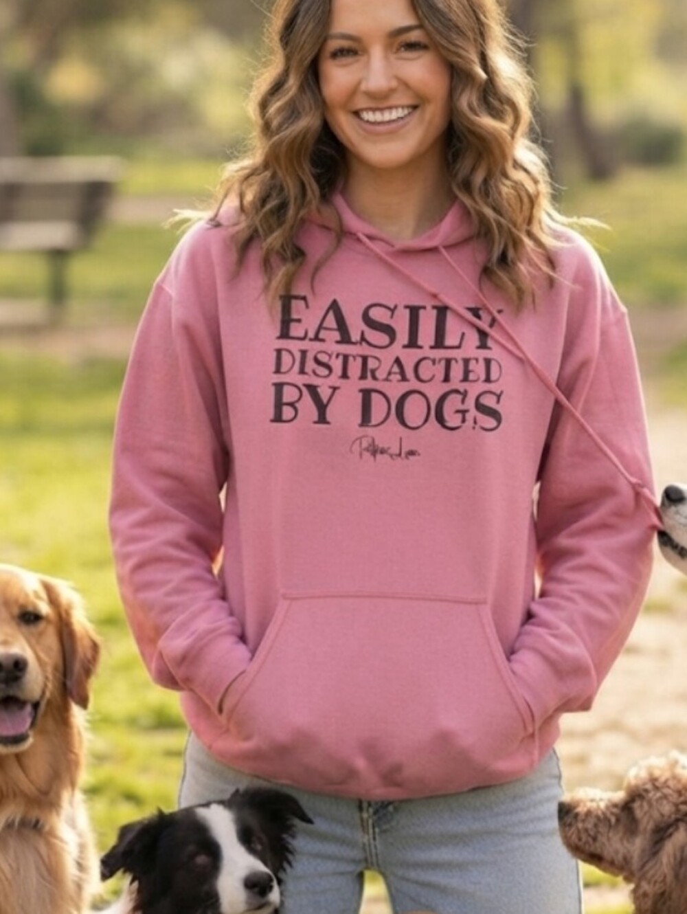 "Easily Distracted By Dogs" Pink Graphic Hoodie by Piper Lou Size Unisex Large